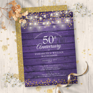 50th Anniversary Gold Hearts String Lights Wood Invitation