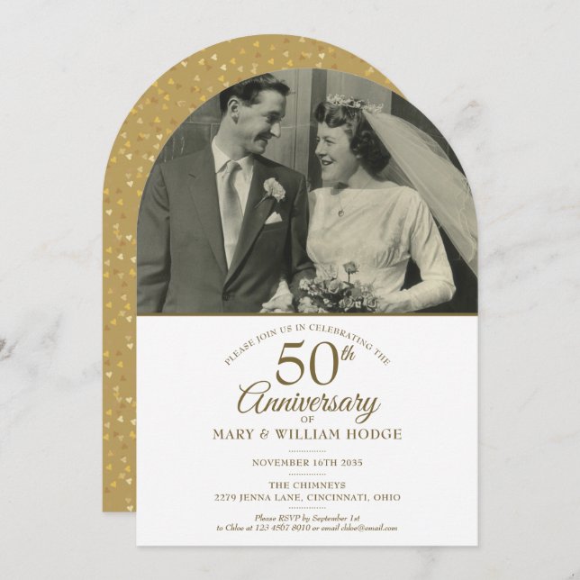 50th Anniversary Gold Hearts Wedding Photo Arch Invitation (Front/Back)