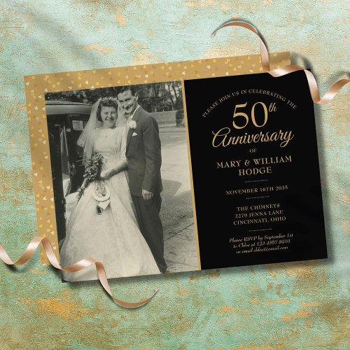 50th Anniversary Gold Hearts Wedding Photo Invitation