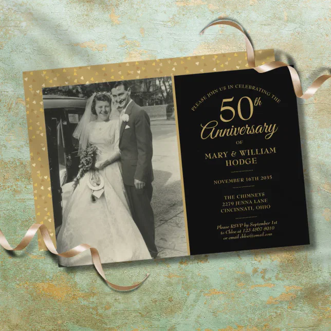 50th Anniversary Gold Hearts Wedding Photo Invitation | Zazzle