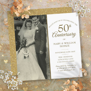50th Anniversary Gold Hearts Wedding Photo Square Invitation