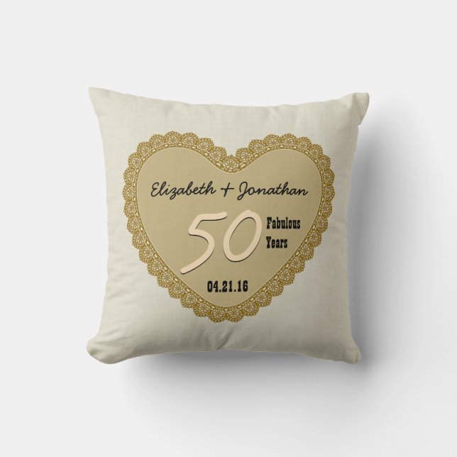 50th Anniversary Gold Lace Heart Custom Names V01 Throw Pillow (Front)