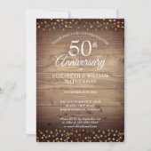 50th Anniversary Gold Love Hearts Rustic Wood Invitation (Front)