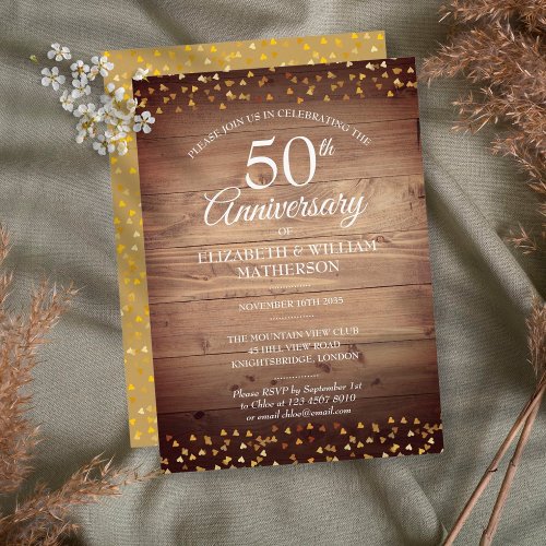 50th Anniversary Gold Love Hearts Rustic Wood Invitation