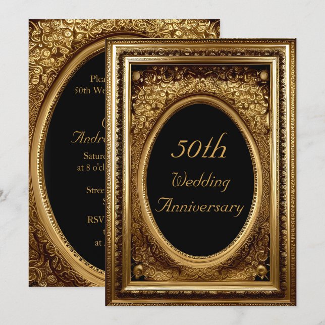 50th Anniversary Gold Ornate Floral Antique Frame Invitation (Front/Back)