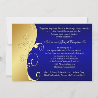 50th Anniversary Gold Scrolls with Navy Invitation | Zazzle