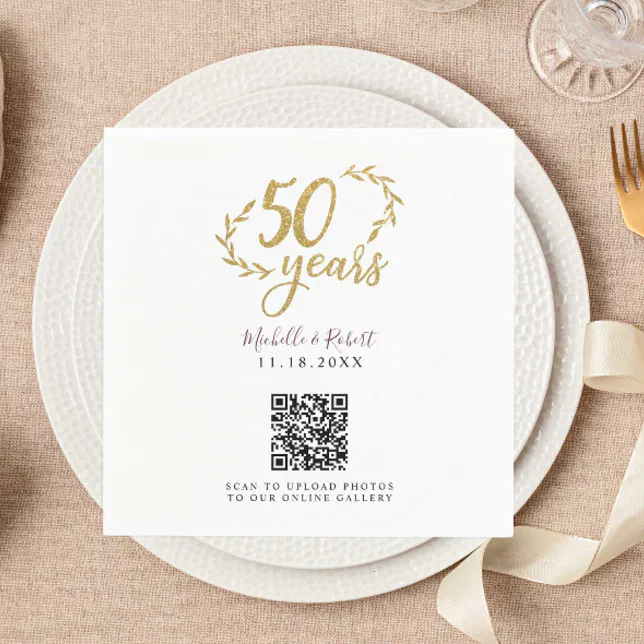 50th Anniversary Gold Share Photos QR code Napkins | Zazzle