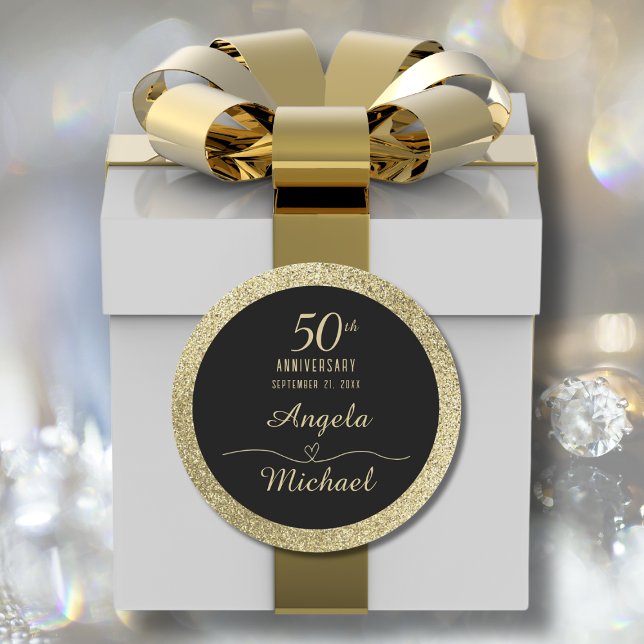 50th Anniversary Gold Sparkle Black Stylish Glam Classic Round Sticker (Creator Uploaded)