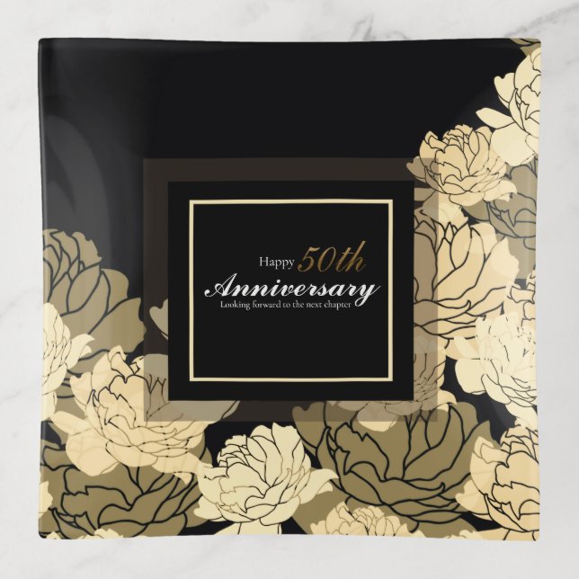 50th anniversary gold, yellow & tan rose print tri trinket tray (Front)