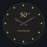 50TH Anniversary & Golden Dots on Black Large Clock<br><div class="desc">Chic 50th Anniversary,  gold metallic look dots on black background wall clock. Text can be personalized.</div>