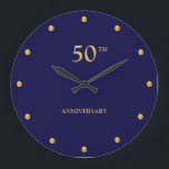 50TH Anniversary & Golden Dots on Navy Blue Large Clock<br><div class="desc">Chic 50th Anniversary,  gold metallic look dots on navy blue background wall clock. Text can be personalized.</div>