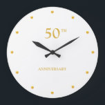 50TH Anniversary & Golden Dots on White Large Clock<br><div class="desc">Chic 50th Anniversary,  gold metallic look dots on white background wall clock. Text can be personalized.</div>