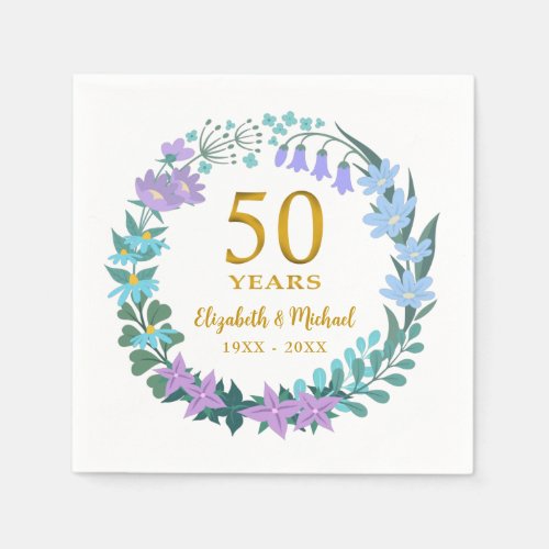 50th Anniversary Golden Floral Bluebells Wreath Napkins