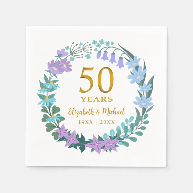 50th Anniversary Golden Floral Bluebells Wreath Napkins (Front)