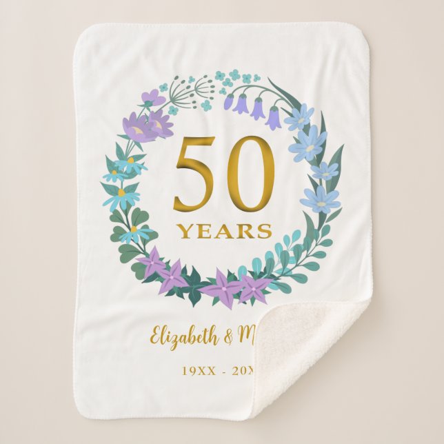 50th Anniversary Golden Floral Bluebells Wreath Sherpa Blanket (Front)