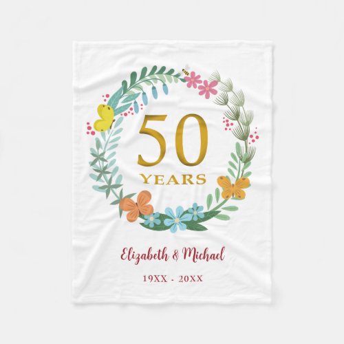 50th Anniversary Golden Floral Butterfly Wreath Fleece Blanket