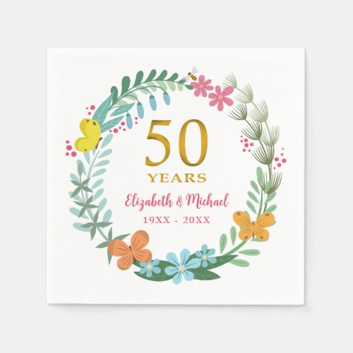 50th Anniversary Golden Floral Butterfly Wreath Napkins
