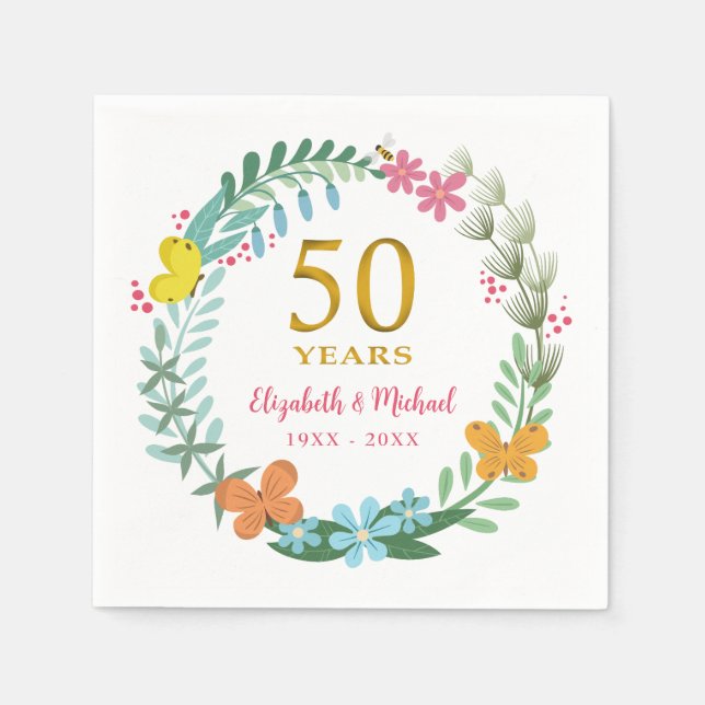 50th Anniversary Golden Floral Butterfly Wreath Napkins (Front)