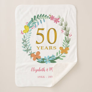 50th Anniversary Golden Floral Butterfly Wreath Sherpa Blanket