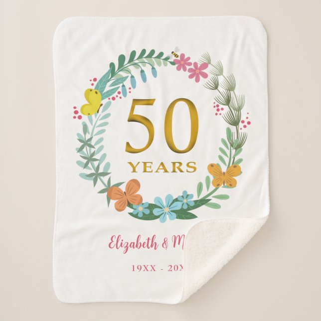 50th Anniversary Golden Floral Butterfly Wreath Sherpa Blanket (Front)