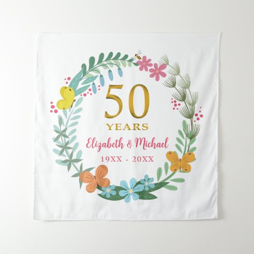 50th Anniversary Golden Floral Butterfly Wreath Tapestry