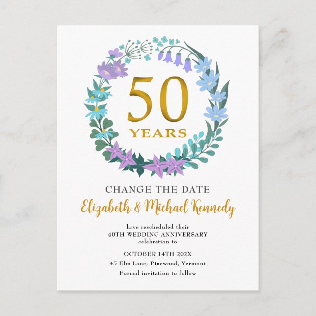 50th Anniversary Golden Floral Change the Date Postcard (Front)
