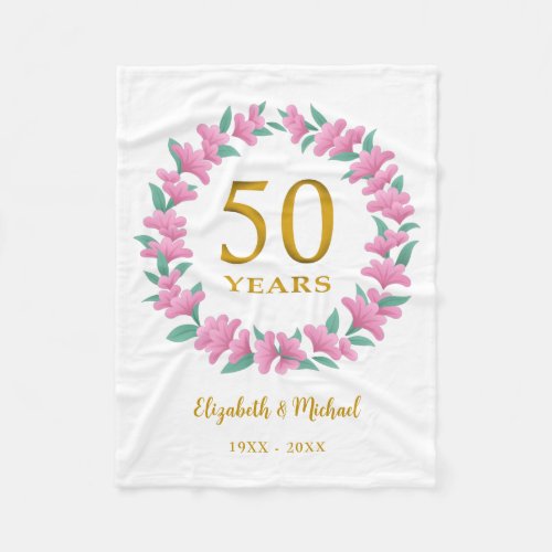 50th Anniversary Golden Floral Pink Wreath Fleece Blanket