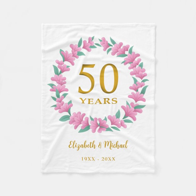 50th Anniversary Golden Floral Pink Wreath Fleece Blanket (Front)