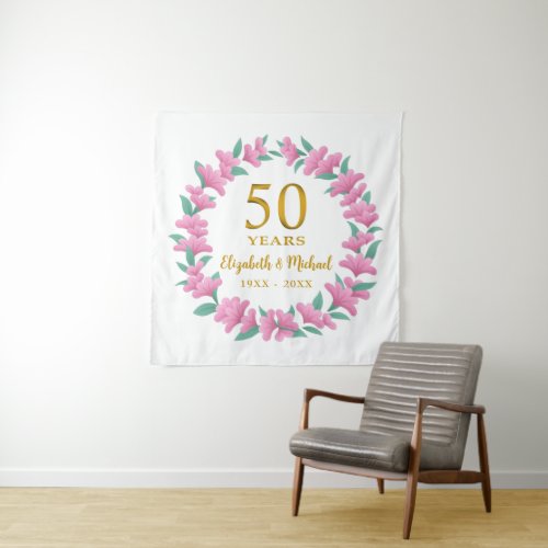50th Anniversary Golden Floral Pink Wreath Tapestry