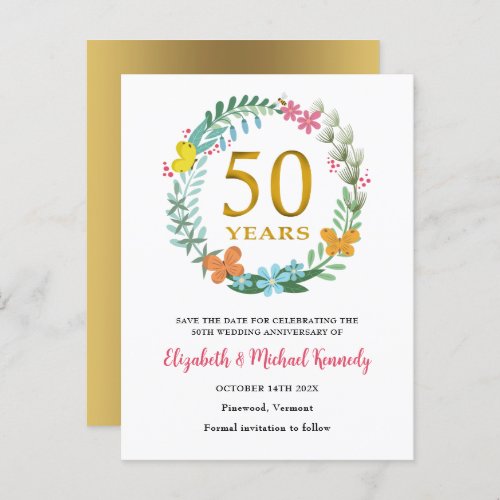 50th Anniversary Golden Floral Save the Date Announcement Postcard