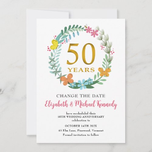 50th Anniversary Golden Floral Wreath Change Date Invitation