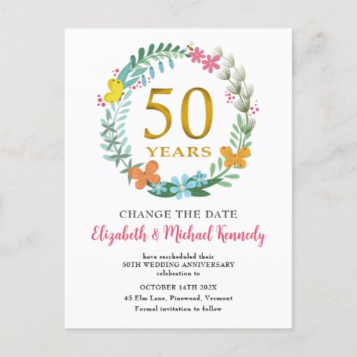 50th Anniversary Golden Floral Wreath Change Date Postcard