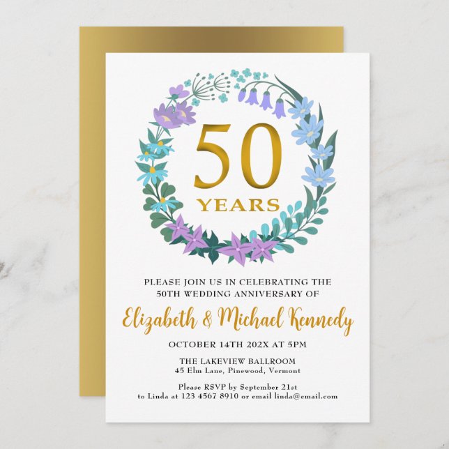 50th Anniversary Golden Floral Wreath Invitation (Front/Back)