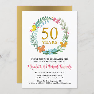 50th Anniversary Golden Floral Wreath Invitation