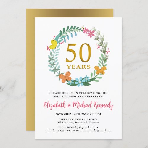 50th Anniversary Golden Floral Wreath Invitation