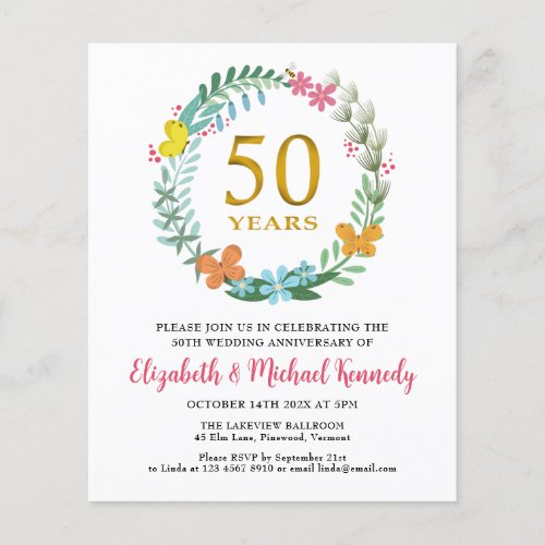 50th Anniversary Golden Floral Wreath Invitation