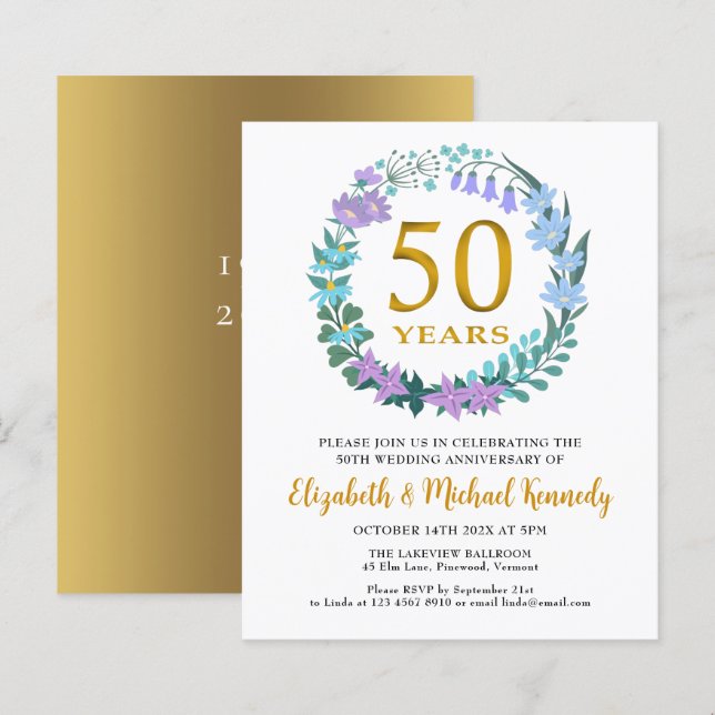 50th Anniversary Golden Floral Wreath Invitation (Front/Back)