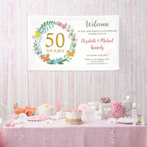 50th Anniversary Golden Floral Wreath Wedding Banner
