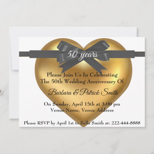 50th Anniversary Golden Heart Elegant Invitation (Front)
