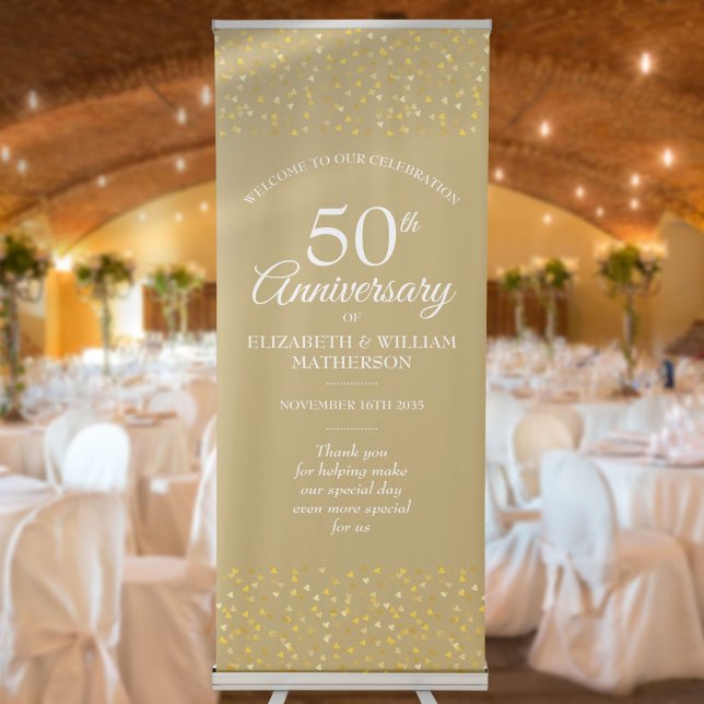50th Anniversary Golden Hearts Confetti Welcome Retractable Banner (50th Anniversary Golden Hearts Confetti Welcome Retractable Banner)