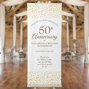 50th Anniversary Golden Hearts Confetti Welcome Retractable Banner