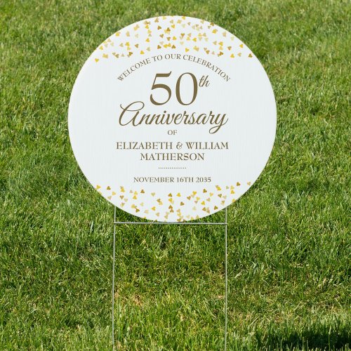 50th Anniversary Golden Hearts Confetti Welcome Sign