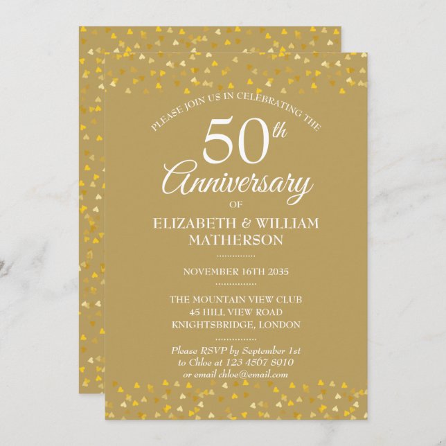 50th Anniversary Golden Hearts Invitation (Front/Back)