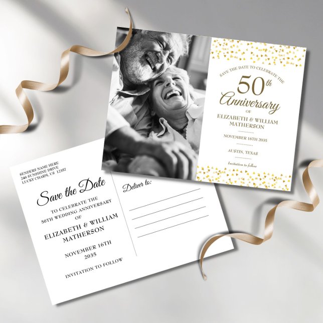50th Anniversary Golden Hearts Photo Save the Date Announcement Postcard