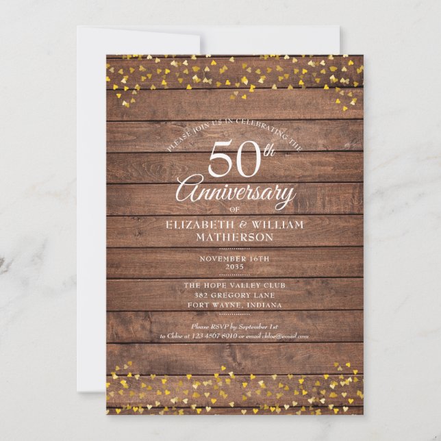 50th Anniversary Golden Hearts Rustic Wood Invitation (Front)