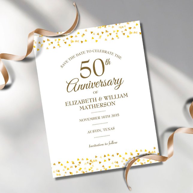 50th Anniversary Golden Hearts Save the Date Announcement Postcard (Creator Uploaded)