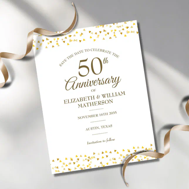 50th Anniversary Golden Hearts Save the Date Announcement Postcard | Zazzle