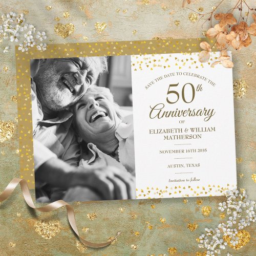50th Anniversary Golden Hearts Save the Date Photo Announcement