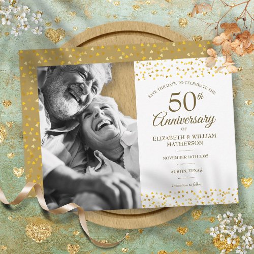 50th Anniversary Golden Hearts Save the Date Photo Announcement Postcard