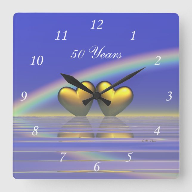 50th Anniversary Golden Hearts Square Wall Clock (Front)